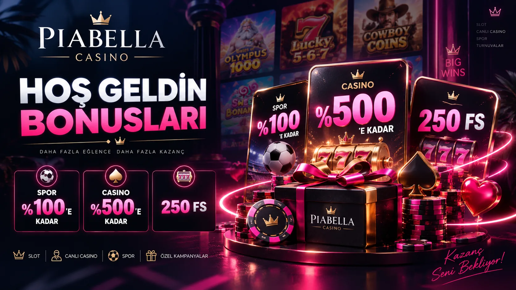 Piabella Casino hoş geldin bonusları, spor, casino ve 250 FS